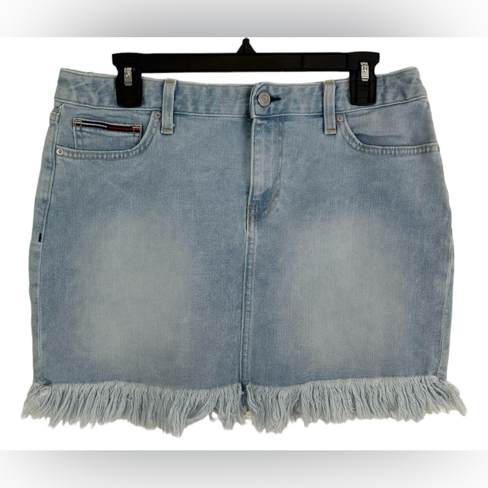 Tommy Hilfiger Skirt Women's‎ 8 Mini Jean Denim Logo Fringe Blue